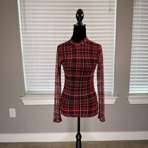 Women’s plaid net mesh top long sleeve free kisses free people size M edgy alt